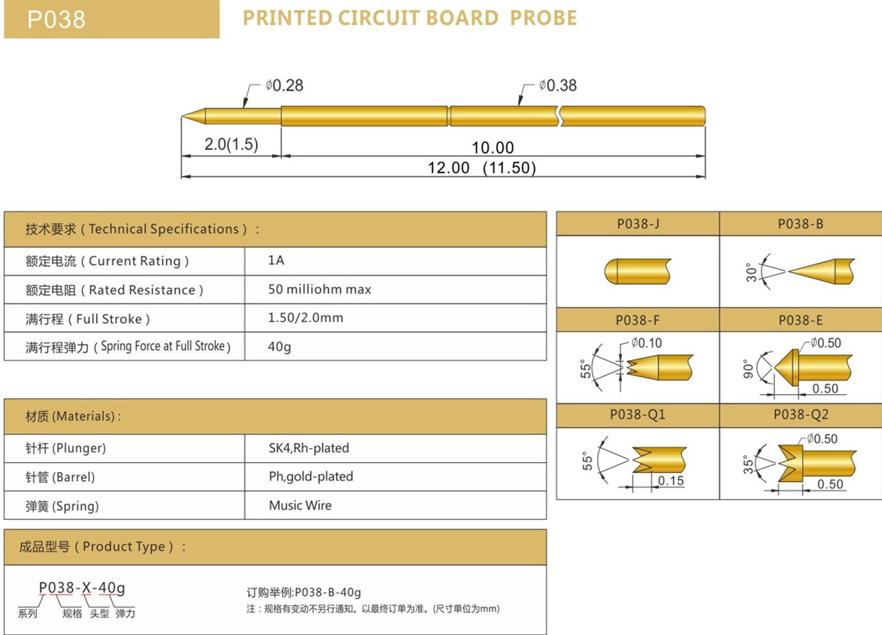 PA038測試探針總參數(shù)，華榮華探針廠家
